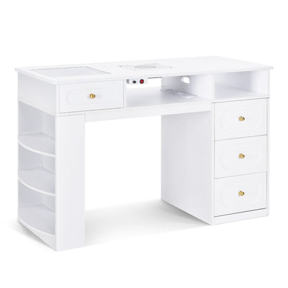 BarberPub Manikürtisch mit 4 Schubladen, Regal, 2 Ablagen & Glasplatte, Nageltisch mit Absaugung & 2 Staubsaugerbeuteln, Nagelfrisiertisch Holz, Schreibtisch für Nagelstudio Weiß, 55x120x112,5cm, 2442