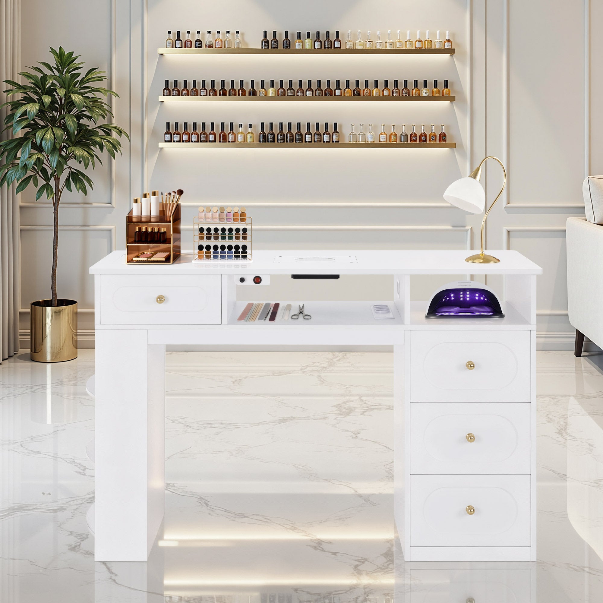 BarberPub Manikürtisch mit 4 Schubladen, Regal, 2 Ablagen & Glasplatte, Nageltisch mit Absaugung & 2 Staubsaugerbeuteln, Nagelfrisiertisch Holz, Schreibtisch für Nagelstudio Weiß, 55x120x112,5cm, 2442