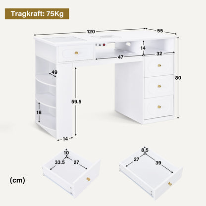 BarberPub Manikürtisch mit 4 Schubladen, Regal, 2 Ablagen & Glasplatte, Nageltisch mit Absaugung & 2 Staubsaugerbeuteln, Nagelfrisiertisch Holz, Schreibtisch für Nagelstudio Weiß, 55x120x112,5cm, 2442