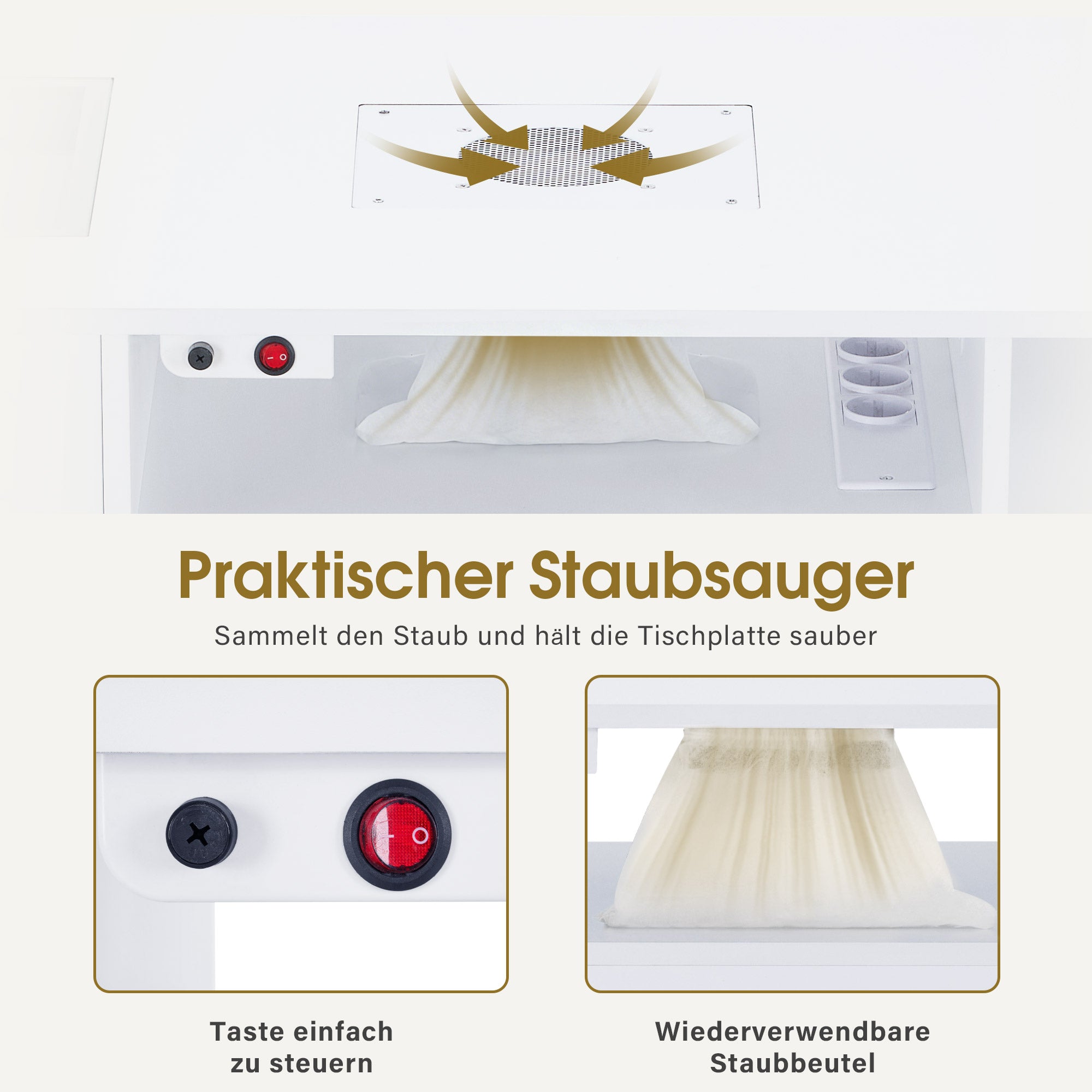 BarberPub Manikürtisch mit 4 Schubladen, Regal, 2 Ablagen & Glasplatte, Nageltisch mit Absaugung & 2 Staubsaugerbeuteln, Nagelfrisiertisch Holz, Schreibtisch für Nagelstudio Weiß, 55x120x112,5cm, 2442