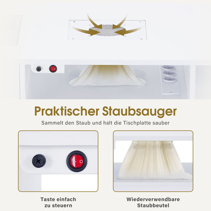 BarberPub Manikürtisch mit 4 Schubladen, Regal, 2 Ablagen & Glasplatte, Nageltisch mit Absaugung & 2 Staubsaugerbeuteln, Nagelfrisiertisch Holz, Schreibtisch für Nagelstudio Weiß, 55x120x112,5cm, 2442