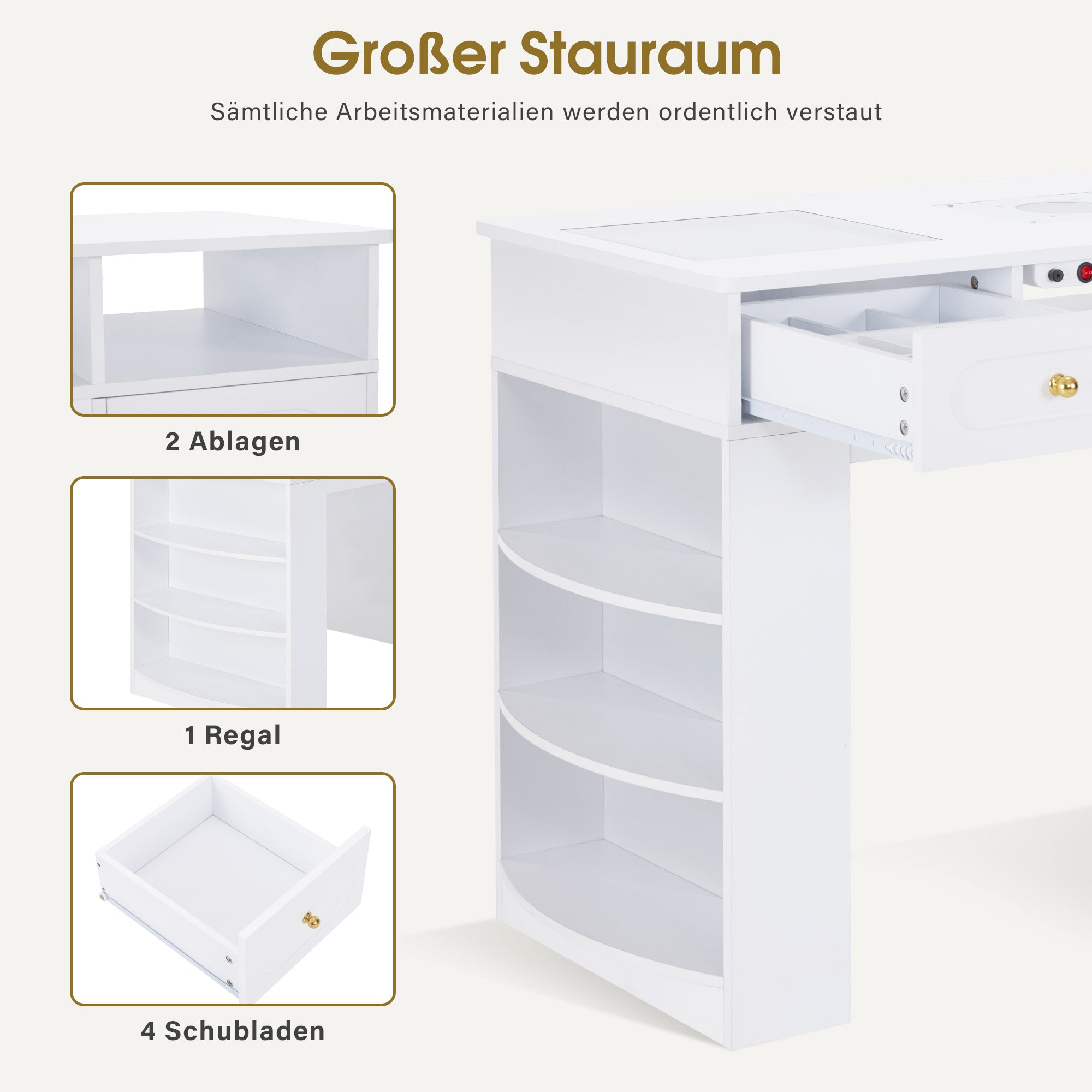 BarberPub Manikürtisch mit 4 Schubladen, Regal, 2 Ablagen & Glasplatte, Nageltisch mit Absaugung & 2 Staubsaugerbeuteln, Nagelfrisiertisch Holz, Schreibtisch für Nagelstudio Weiß, 55x120x112,5cm, 2442