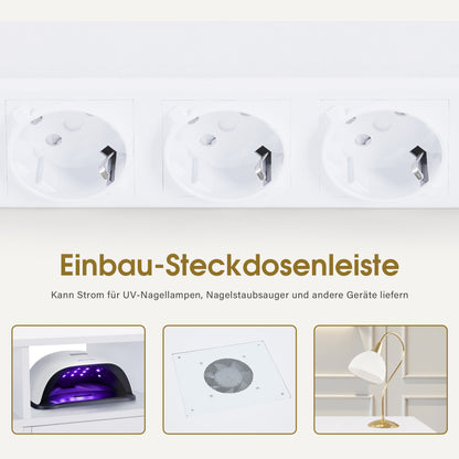 BarberPub Manikürtisch mit 4 Schubladen, Regal, 2 Ablagen & Glasplatte, Nageltisch mit Absaugung & 2 Staubsaugerbeuteln, Nagelfrisiertisch Holz, Schreibtisch für Nagelstudio Weiß, 55x120x112,5cm, 2442