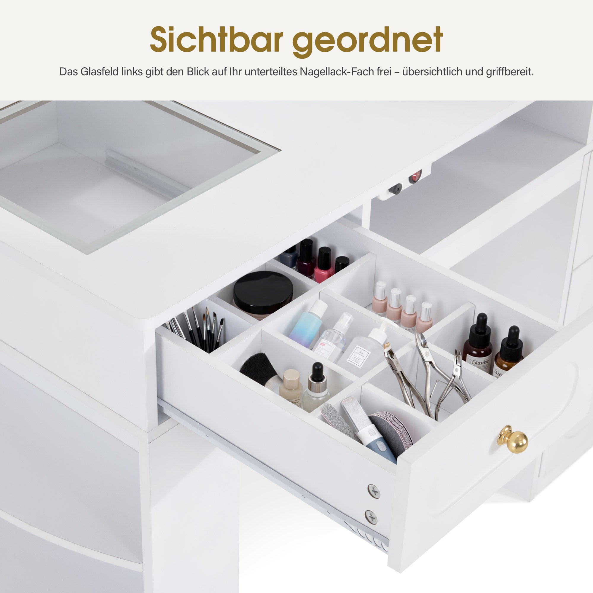 BarberPub Manikürtisch mit 4 Schubladen, Regal, 2 Ablagen & Glasplatte, Nageltisch mit Absaugung & 2 Staubsaugerbeuteln, Nagelfrisiertisch Holz, Schreibtisch für Nagelstudio Weiß, 55x120x112,5cm, 2442