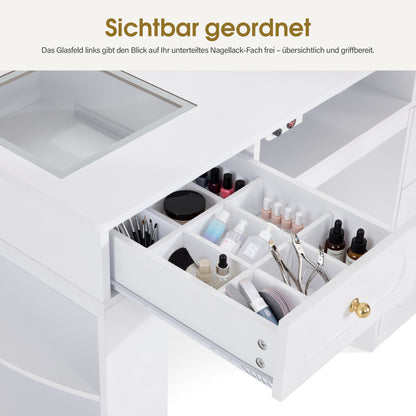 BarberPub Manikürtisch mit 4 Schubladen, Regal, 2 Ablagen & Glasplatte, Nageltisch mit Absaugung & 2 Staubsaugerbeuteln, Nagelfrisiertisch Holz, Schreibtisch für Nagelstudio Weiß, 55x120x112,5cm, 2442
