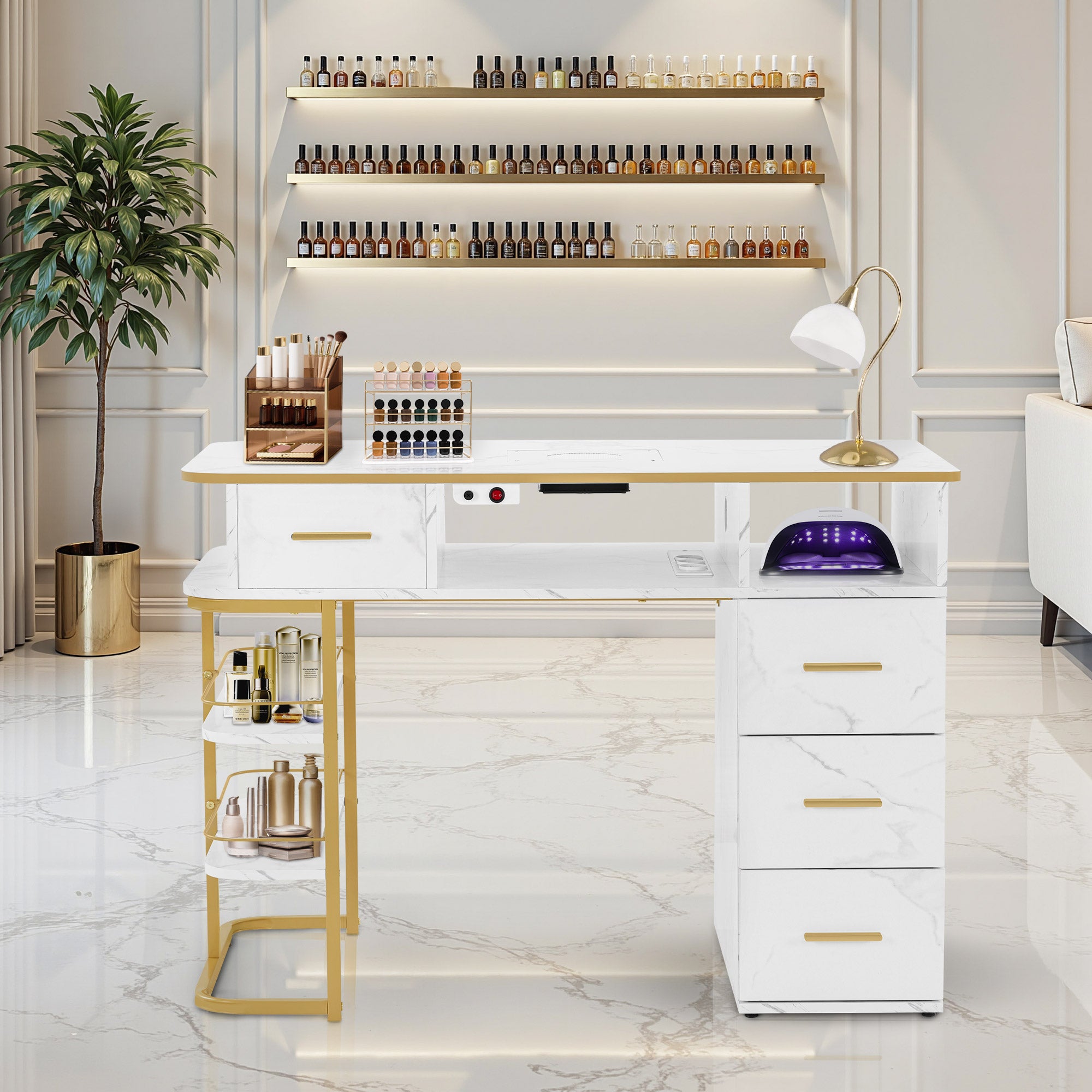 BarberPub Maniküretisch mit 4 Schubladen, 1 Regal & 5 Ablagen, Nageltisch mit Absaugung, 2 Staubsaugerbeuteln, Nagelfrisiertisch Holz, Schreibtisch für Nagelstudio, Marmor-Weiß Gold, 55x112x80cm, 2464