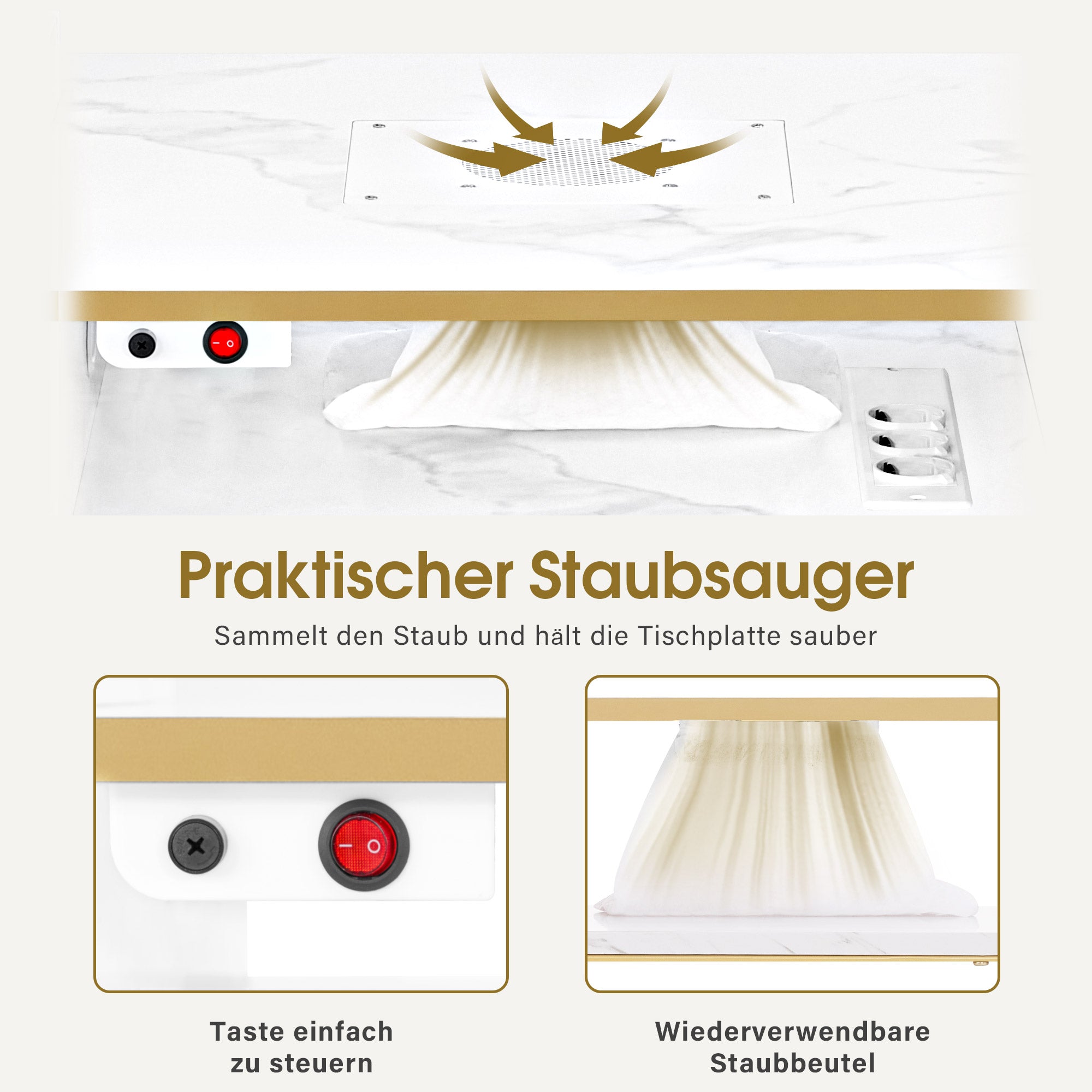 BarberPub Maniküretisch mit 4 Schubladen, 1 Regal & 5 Ablagen, Nageltisch mit Absaugung, 2 Staubsaugerbeuteln, Nagelfrisiertisch Holz, Schreibtisch für Nagelstudio, Marmor-Weiß Gold, 55x112x80cm, 2464
