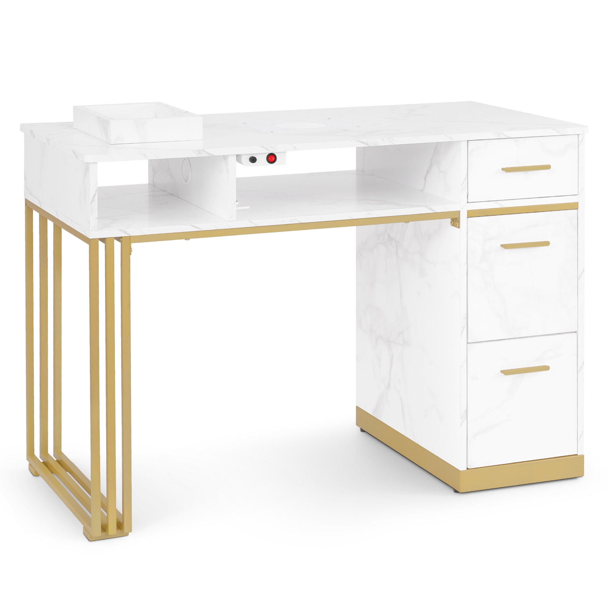 BarberPub Manikürtisch mit 3 Schubladen & 2 Ablagen, Nageltisch mit Absaugung, 2 Staubsaugerbeuteln, Nagelfrisiertisch Holz, Schreibtisch für Nagelstudio, Marmor-Weiß Gold, 57x112x80cm, 2472