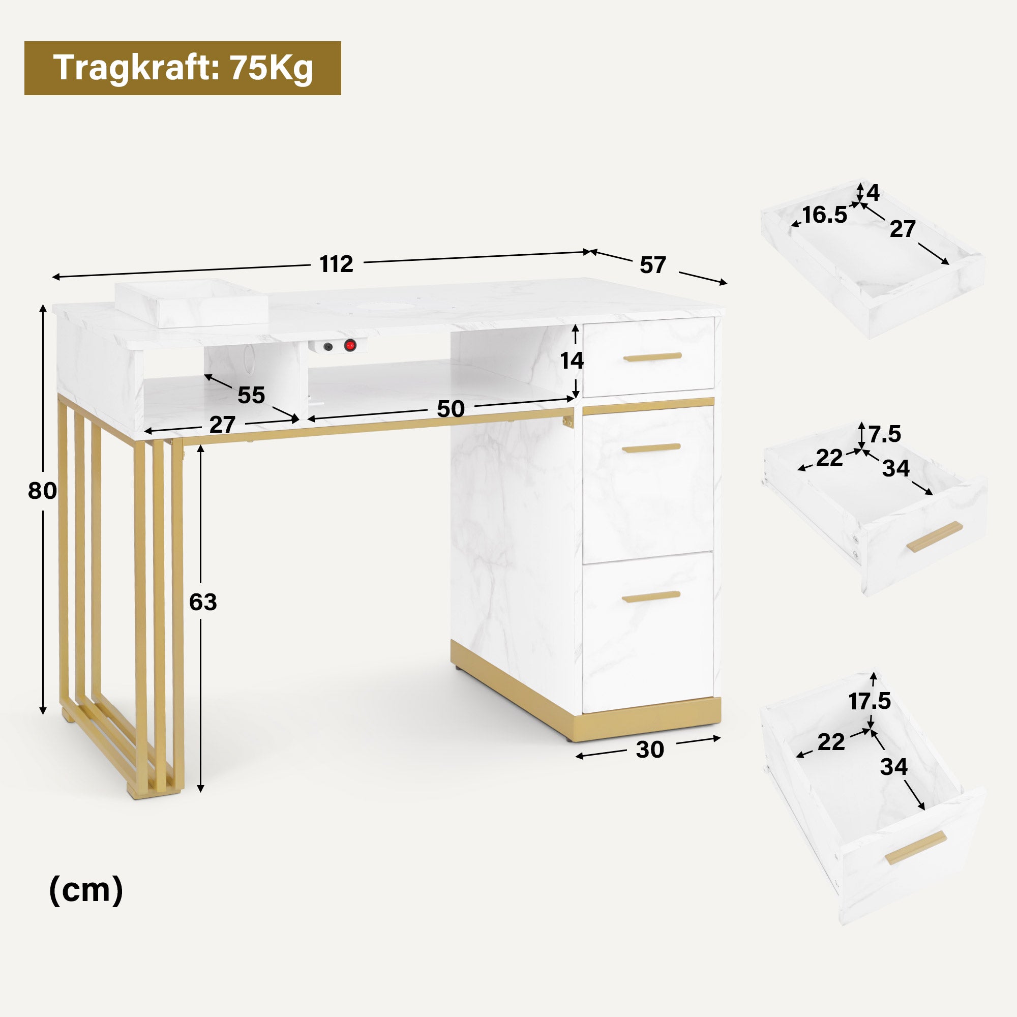 BarberPub Manikürtisch mit 3 Schubladen & 2 Ablagen, Nageltisch mit Absaugung, 2 Staubsaugerbeuteln, Nagelfrisiertisch Holz, Schreibtisch für Nagelstudio, Marmor-Weiß Gold, 57x112x80cm, 2472