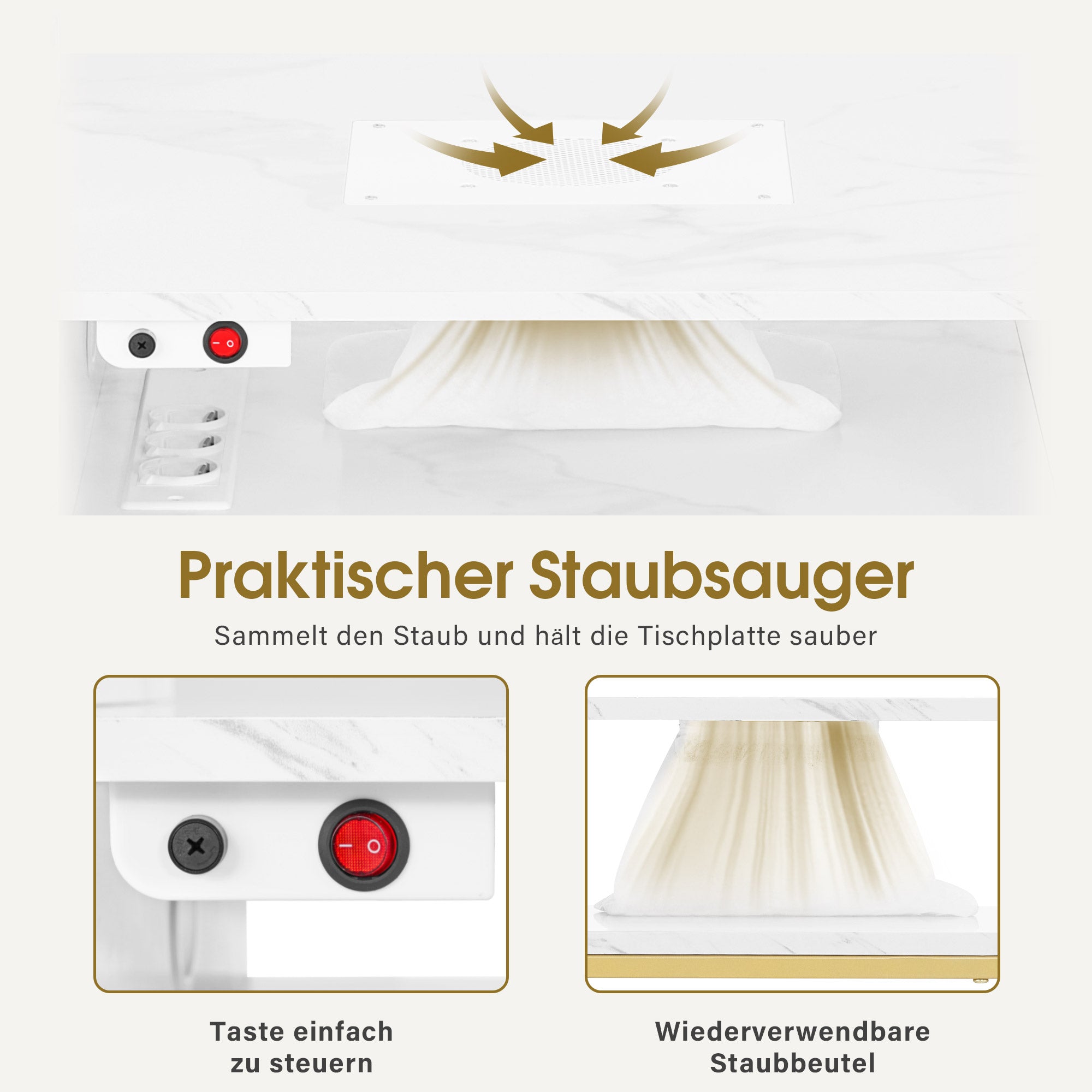 BarberPub Manikürtisch mit 3 Schubladen & 2 Ablagen, Nageltisch mit Absaugung, 2 Staubsaugerbeuteln, Nagelfrisiertisch Holz, Schreibtisch für Nagelstudio, Marmor-Weiß Gold, 57x112x80cm, 2472