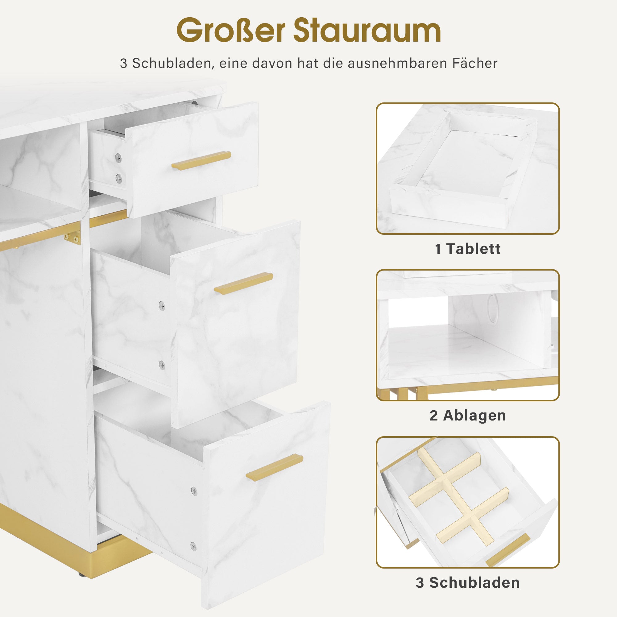 BarberPub Manikürtisch mit 3 Schubladen & 2 Ablagen, Nageltisch mit Absaugung, 2 Staubsaugerbeuteln, Nagelfrisiertisch Holz, Schreibtisch für Nagelstudio, Marmor-Weiß Gold, 57x112x80cm, 2472