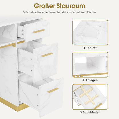 BarberPub Manikürtisch mit 3 Schubladen & 2 Ablagen, Nageltisch mit Absaugung, 2 Staubsaugerbeuteln, Nagelfrisiertisch Holz, Schreibtisch für Nagelstudio, Marmor-Weiß Gold, 57x112x80cm, 2472