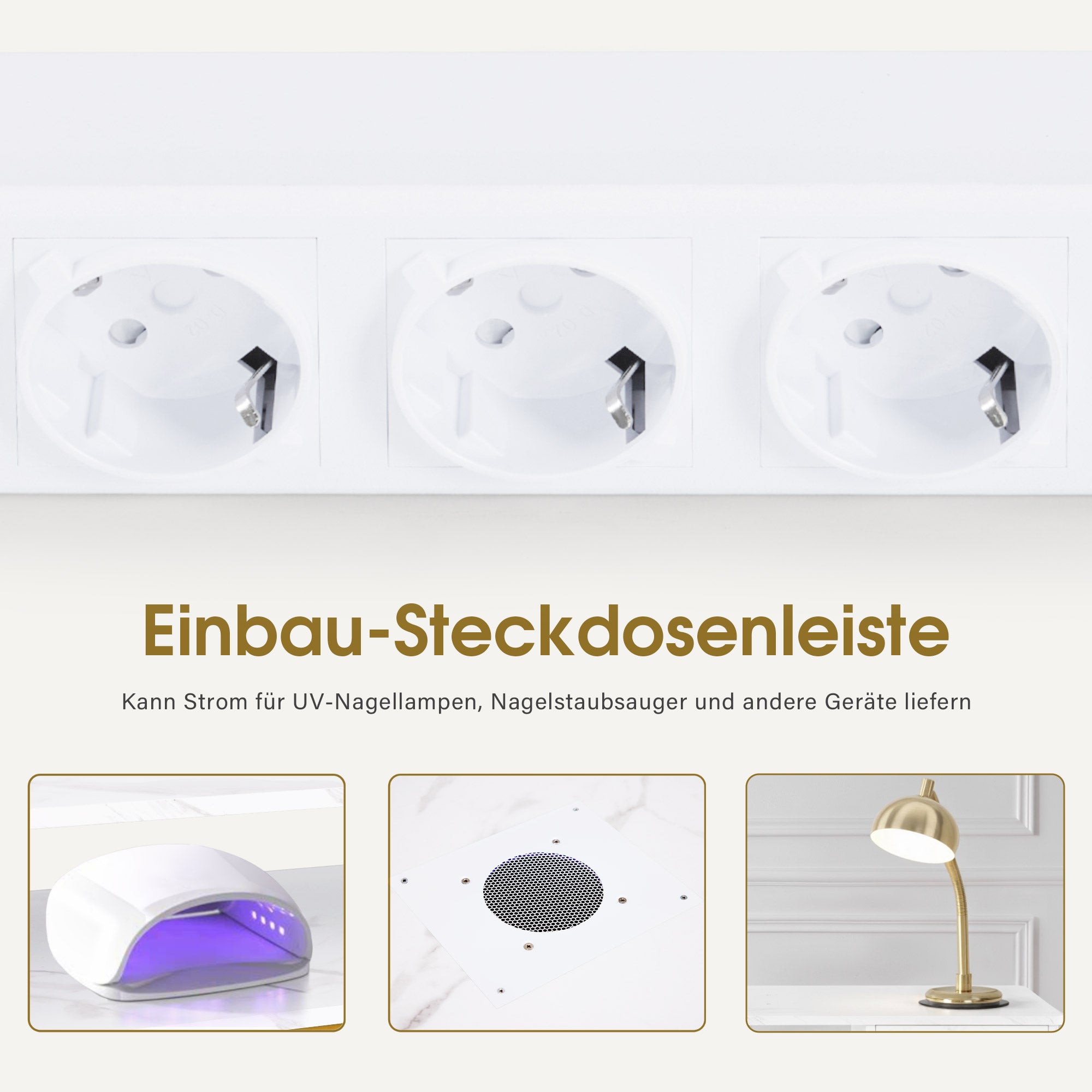 BarberPub Manikürtisch mit 3 Schubladen & 2 Ablagen, Nageltisch mit Absaugung, 2 Staubsaugerbeuteln, Nagelfrisiertisch Holz, Schreibtisch für Nagelstudio, Marmor-Weiß Gold, 57x112x80cm, 2472