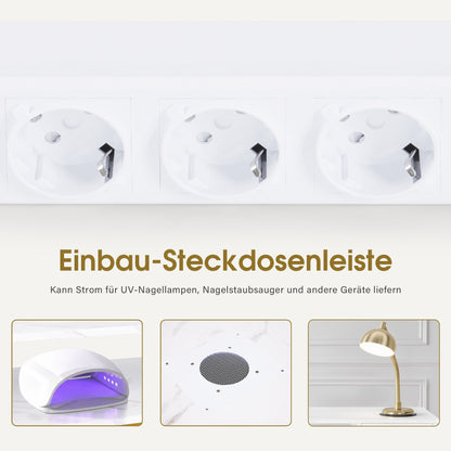 BarberPub Manikürtisch mit 3 Schubladen & 2 Ablagen, Nageltisch mit Absaugung, 2 Staubsaugerbeuteln, Nagelfrisiertisch Holz, Schreibtisch für Nagelstudio, Marmor-Weiß Gold, 57x112x80cm, 2472