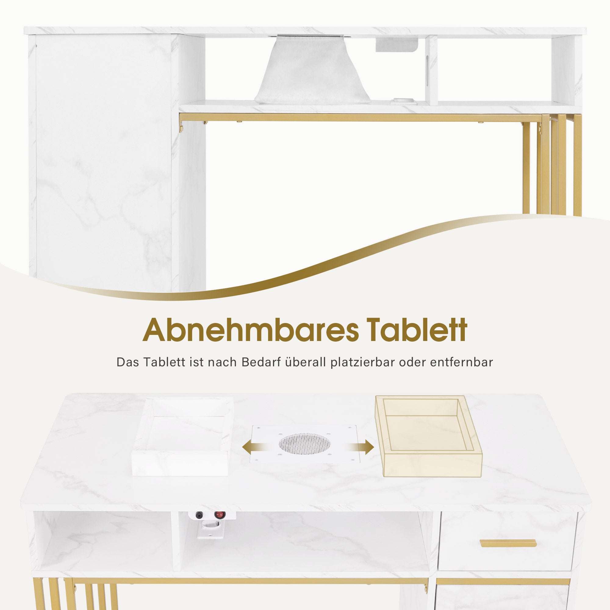 BarberPub Manikürtisch mit 3 Schubladen & 2 Ablagen, Nageltisch mit Absaugung, 2 Staubsaugerbeuteln, Nagelfrisiertisch Holz, Schreibtisch für Nagelstudio, Marmor-Weiß Gold, 57x112x80cm, 2472