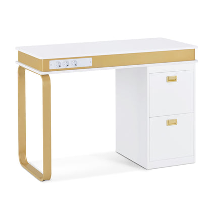 BarberPub Schreibtisch mit Schubladen für Nagelstudio, Manikürtisch mit 3 Steckdosen, Schminktisch ohne Spiegel Weiß-Gold, Nageltisch aus Holz Metallgestell, Nagelfrisiertisch, 50x110x80,5cm, 2484