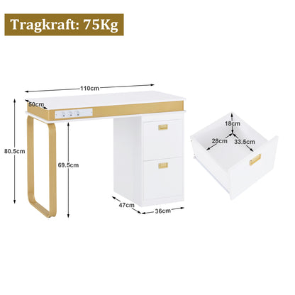 BarberPub Schreibtisch mit Schubladen für Nagelstudio, Manikürtisch mit 3 Steckdosen, Schminktisch ohne Spiegel Weiß-Gold, Nageltisch aus Holz Metallgestell, Nagelfrisiertisch, 50x110x80,5cm, 2484
