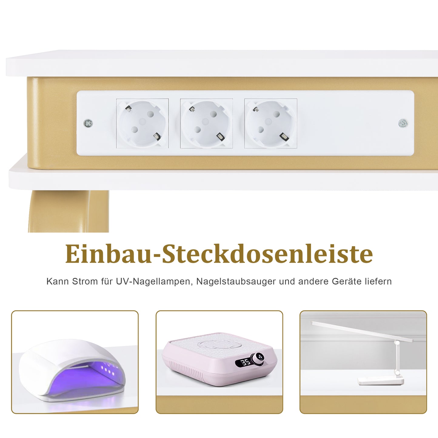 BarberPub Schreibtisch mit Schubladen für Nagelstudio, Manikürtisch mit 3 Steckdosen, Schminktisch ohne Spiegel Weiß-Gold, Nageltisch aus Holz Metallgestell, Nagelfrisiertisch, 50x110x80,5cm, 2484