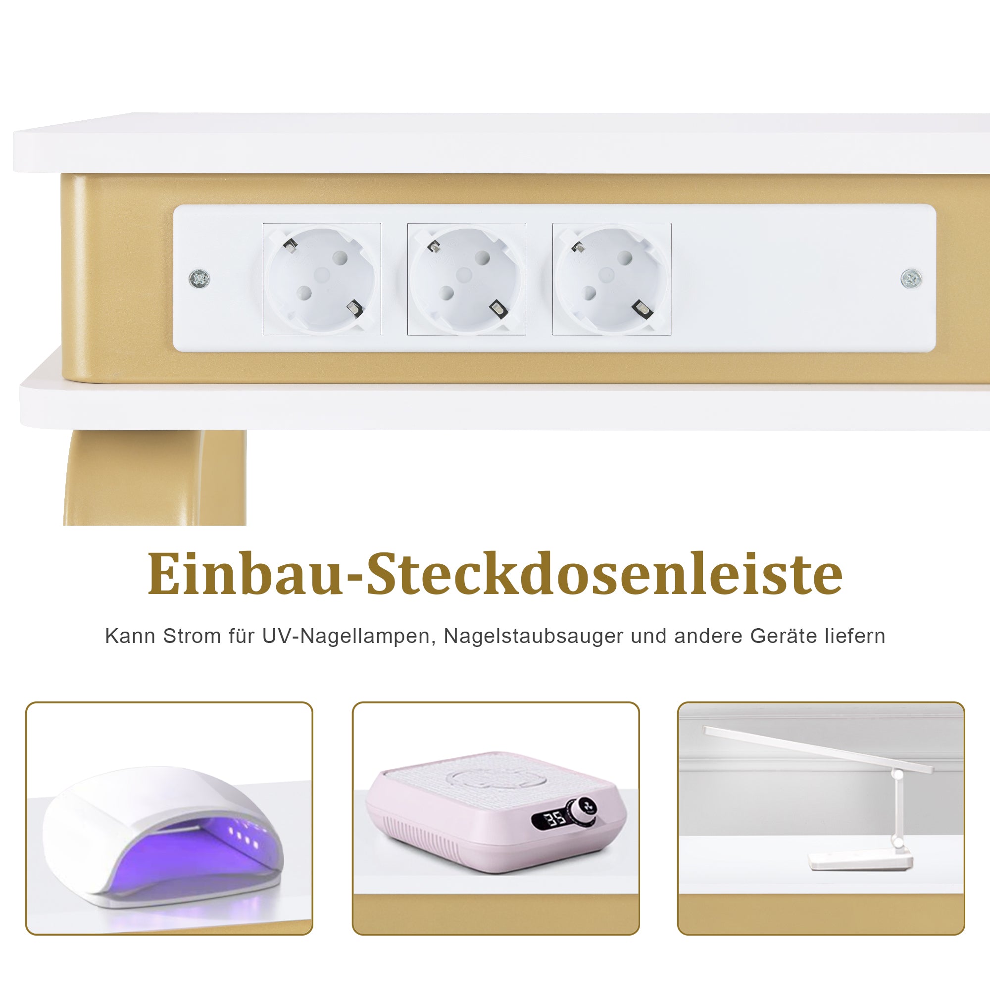 BarberPub Schreibtisch mit Schubladen für Nagelstudio, Manikürtisch mit 3 Steckdosen, Schminktisch ohne Spiegel Weiß-Gold, Nageltisch aus Holz Metallgestell, Nagelfrisiertisch, 50x110x80,5cm, 2484