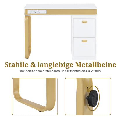 BarberPub Schreibtisch mit Schubladen für Nagelstudio, Manikürtisch mit 3 Steckdosen, Schminktisch ohne Spiegel Weiß-Gold, Nageltisch aus Holz Metallgestell, Nagelfrisiertisch, 50x110x80,5cm, 2484
