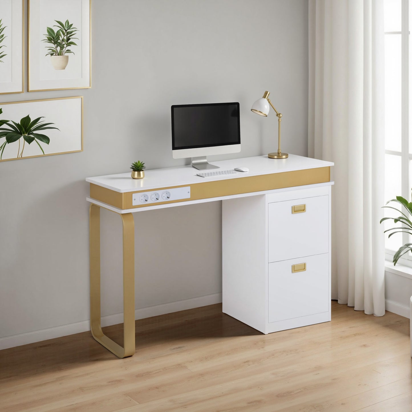 BarberPub Schreibtisch mit Schubladen für Nagelstudio, Manikürtisch mit 3 Steckdosen, Schminktisch ohne Spiegel Weiß-Gold, Nageltisch aus Holz Metallgestell, Nagelfrisiertisch, 50x110x80,5cm, 2484