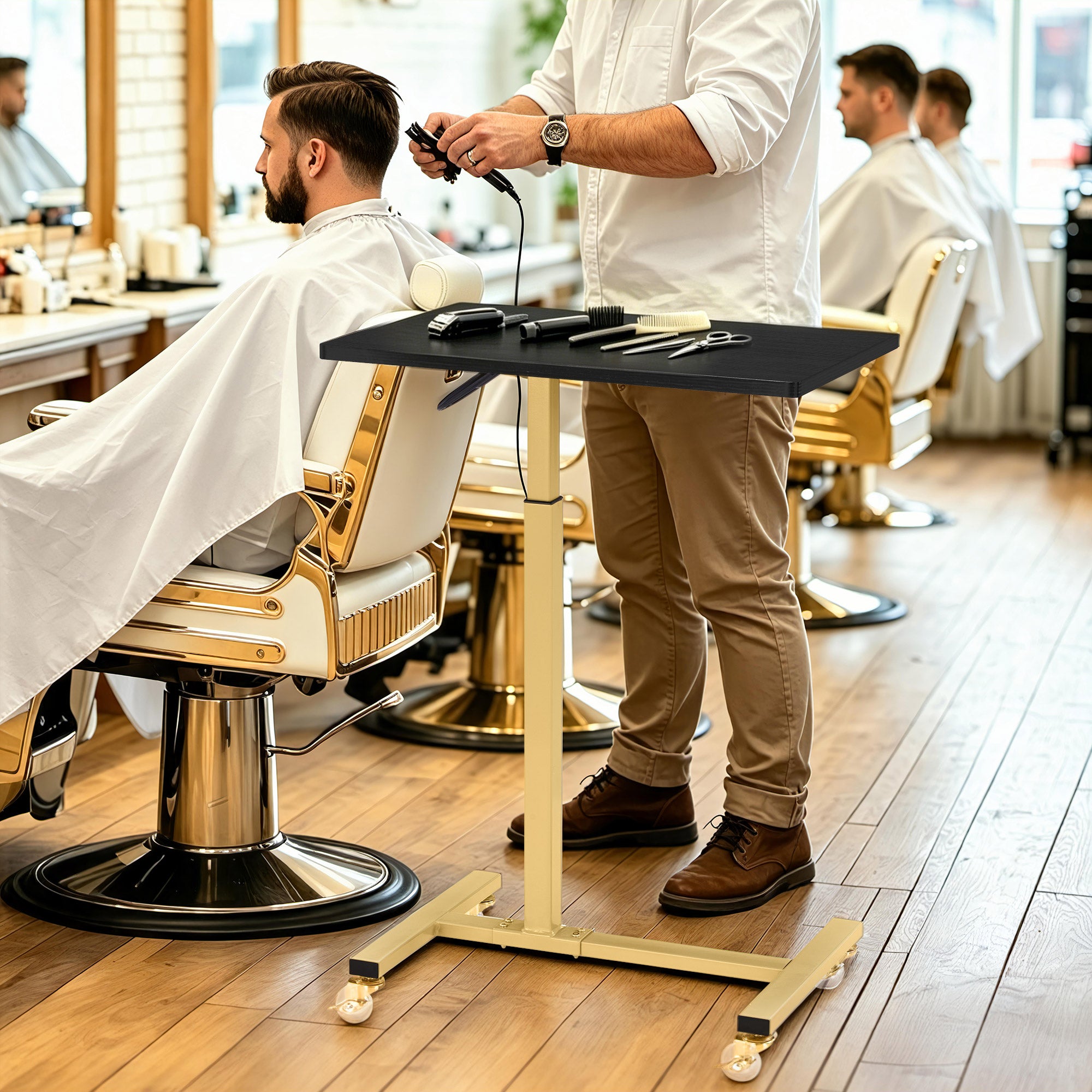 BarberPub Beistelltisch mit Rollen, Pflegetisch Höhenverstellbar, Salon-Tablettwagen Gold, Betttisch C Form, Friseurwagen für Friseursalons, Nagelstudio & Wohnzimmer, 2832