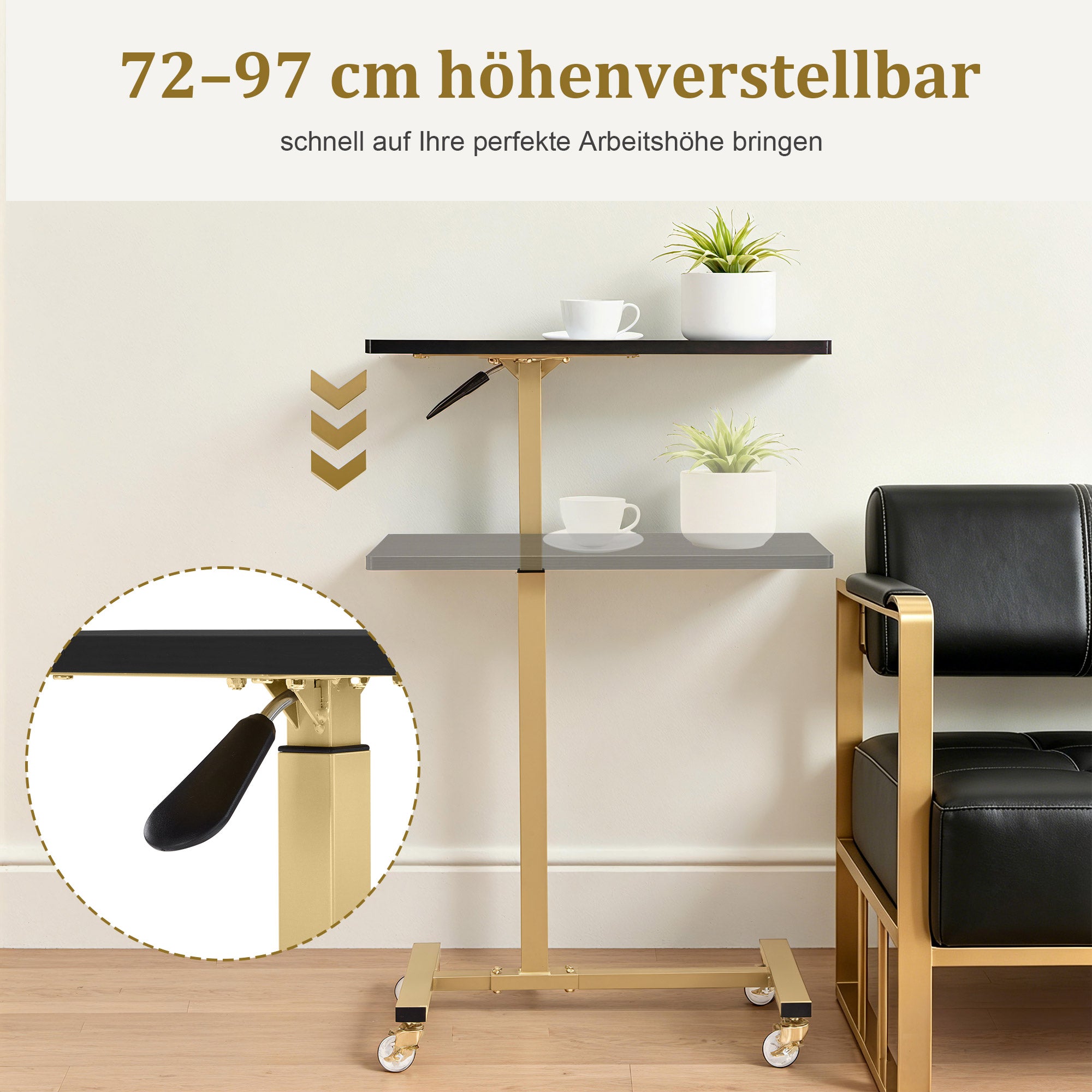 BarberPub Beistelltisch mit Rollen, Pflegetisch Höhenverstellbar, Salon-Tablettwagen Gold, Betttisch C Form, Friseurwagen für Friseursalons, Nagelstudio & Wohnzimmer, 2832
