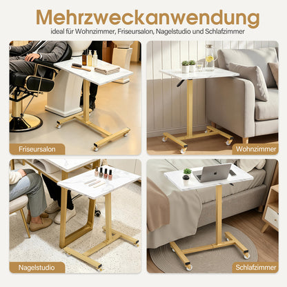 BarberPub Beistelltisch mit Rollen, Pflegetisch Höhenverstellbar, Salon-Tablettwagen Gold, Betttisch C Form, Friseurwagen für Friseursalons, Nagelstudio & Wohnzimmer, 2832