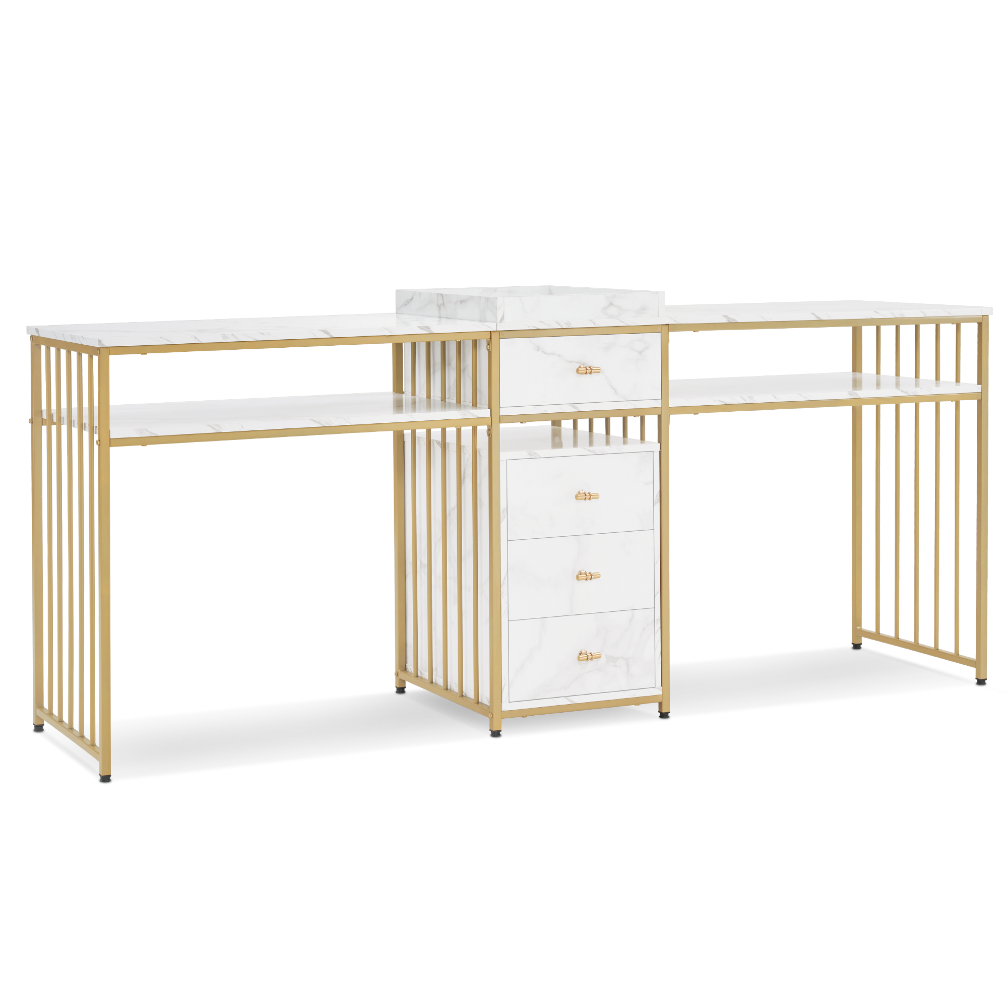 Barberpub  Doppelnageltisch mit Schubladen, Schreibtisch mit Regal, Manikürtisch,  Schminktisch ohne Spiegel Wohnzimmer Modern, Marmor-Weiß Gold, 50 x 200 x 86cm, 2413