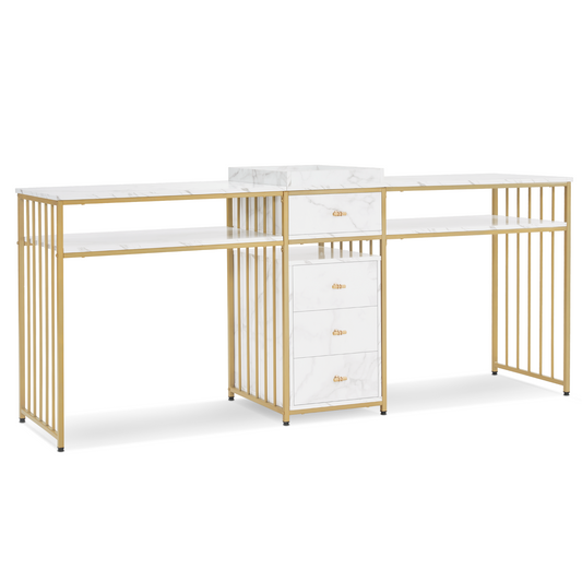 Barberpub  Doppelnageltisch mit Schubladen, Schreibtisch mit Regal, Manikürtisch,  Schminktisch ohne Spiegel Wohnzimmer Modern, Marmor-Weiß Gold, 50 x 200 x 86cm, 2413