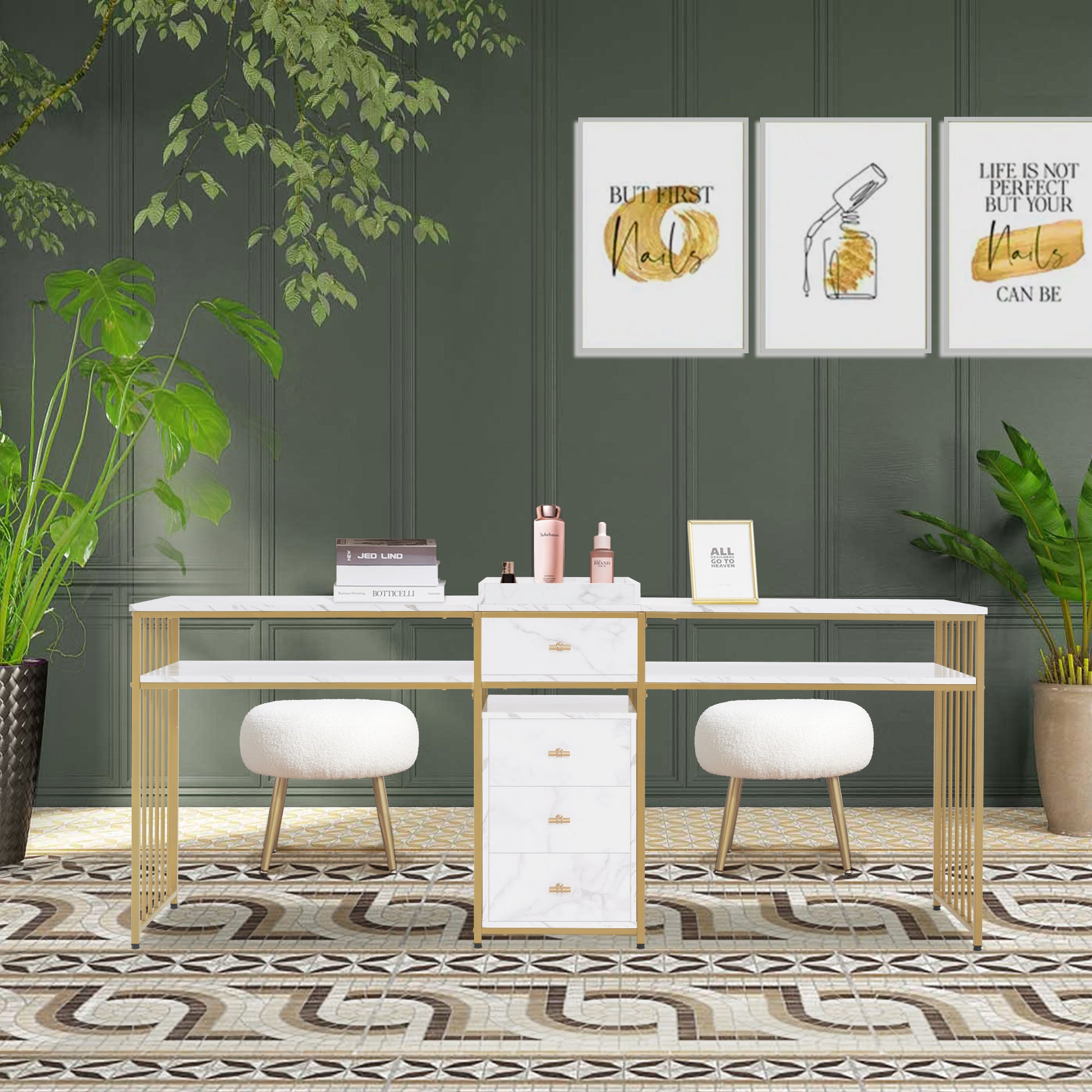 Barberpub  Doppelnageltisch mit Schubladen, Schreibtisch mit Regal, Manikürtisch,  Schminktisch ohne Spiegel Wohnzimmer Modern, Marmor-Weiß Gold, 50 x 200 x 86cm, 2413