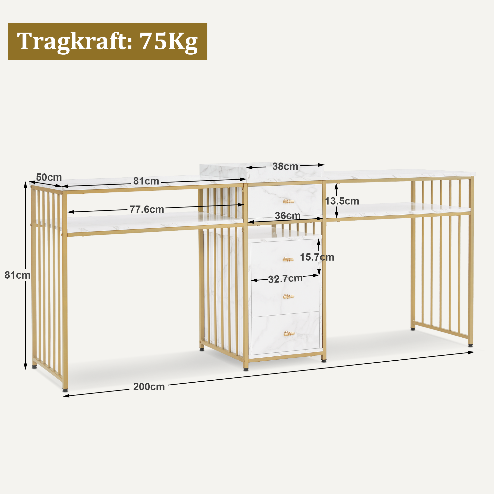 Barberpub  Doppelnageltisch mit Schubladen, Schreibtisch mit Regal, Manikürtisch,  Schminktisch ohne Spiegel Wohnzimmer Modern, Marmor-Weiß Gold, 50 x 200 x 86cm, 2413