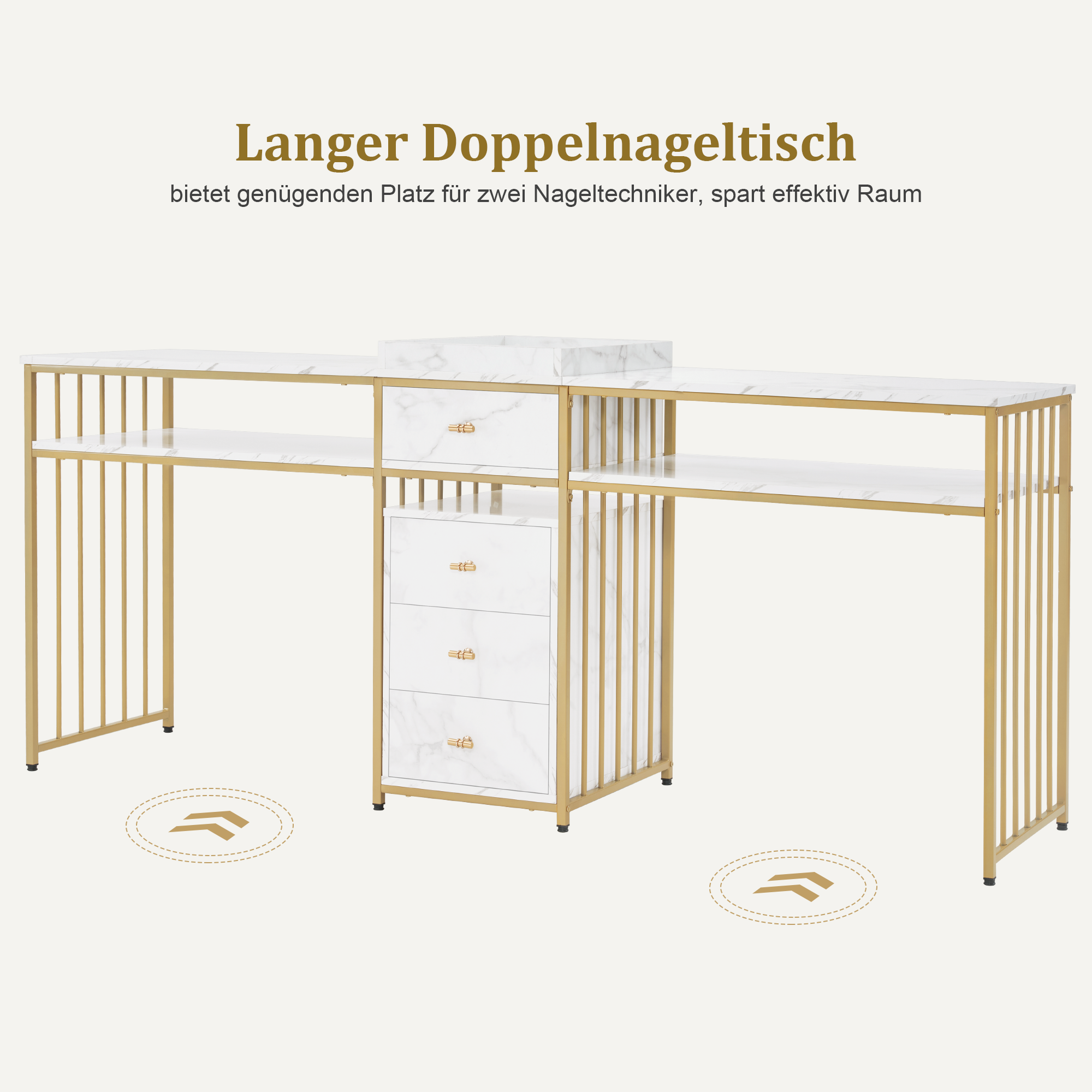 Barberpub  Doppelnageltisch mit Schubladen, Schreibtisch mit Regal, Manikürtisch,  Schminktisch ohne Spiegel Wohnzimmer Modern, Marmor-Weiß Gold, 50 x 200 x 86cm, 2413