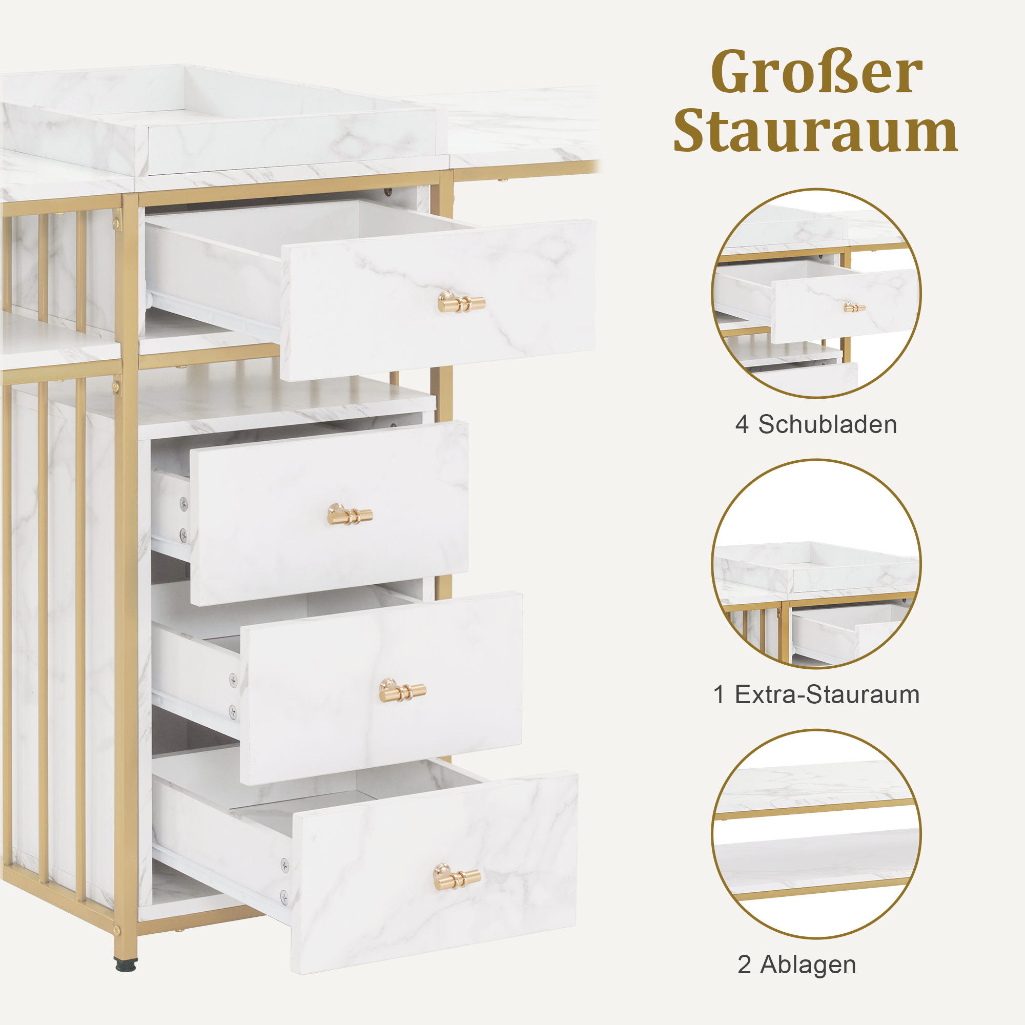 Barberpub  Doppelnageltisch mit Schubladen, Schreibtisch mit Regal, Manikürtisch,  Schminktisch ohne Spiegel Wohnzimmer Modern, Marmor-Weiß Gold, 50 x 200 x 86cm, 2413