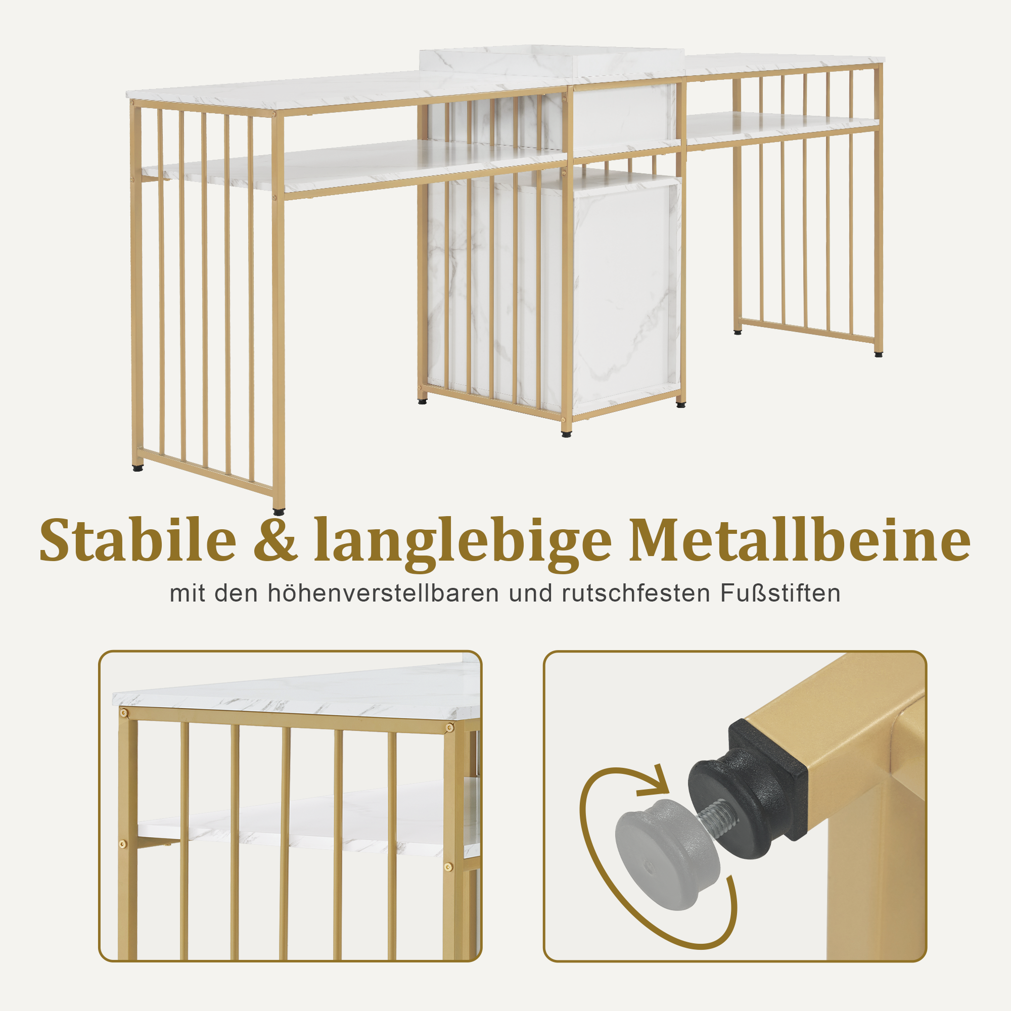 Barberpub  Doppelnageltisch mit Schubladen, Schreibtisch mit Regal, Manikürtisch,  Schminktisch ohne Spiegel Wohnzimmer Modern, Marmor-Weiß Gold, 50 x 200 x 86cm, 2413