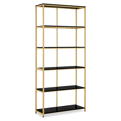 BarberPub Gold Bookshelf, 5-Tier Freestanding Shelf, Office Shelf with Metal Frame, Shelf for Office, Living Room, Bedroom, Kitchen, Nail Salon, Marble White, 30x80x180cm, 5166