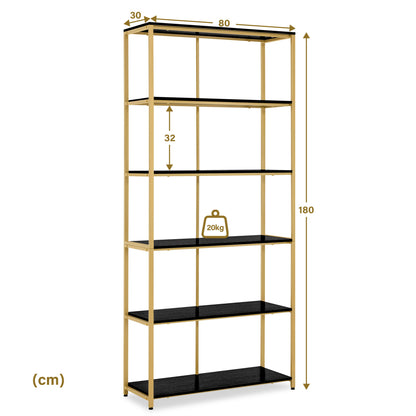 BarberPub Gold Bookshelf, 5-Tier Freestanding Shelf, Office Shelf with Metal Frame, Shelf for Office, Living Room, Bedroom, Kitchen, Nail Salon, Marble White, 30x80x180cm, 5166
