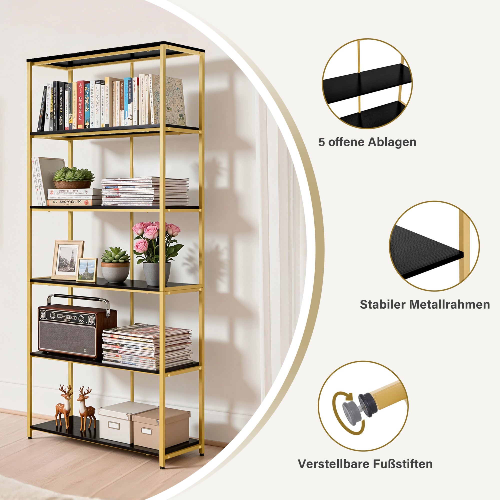 BarberPub Gold Bookshelf, 5-Tier Freestanding Shelf, Office Shelf with Metal Frame, Shelf for Office, Living Room, Bedroom, Kitchen, Nail Salon, Marble White, 30x80x180cm, 5166
