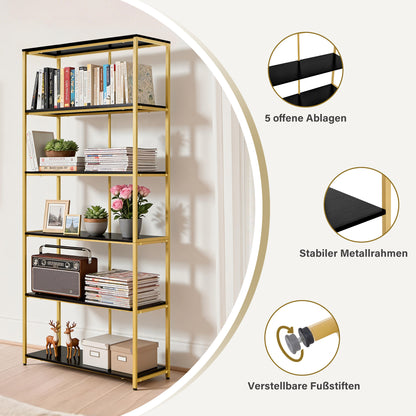 BarberPub Gold Bookshelf, 5-Tier Freestanding Shelf, Office Shelf with Metal Frame, Shelf for Office, Living Room, Bedroom, Kitchen, Nail Salon, Marble White, 30x80x180cm, 5166