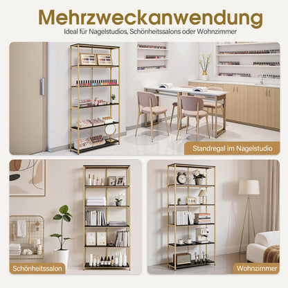 BarberPub Gold Bookshelf, 5-Tier Freestanding Shelf, Office Shelf with Metal Frame, Shelf for Office, Living Room, Bedroom, Kitchen, Nail Salon, Marble White, 30x80x180cm, 5166