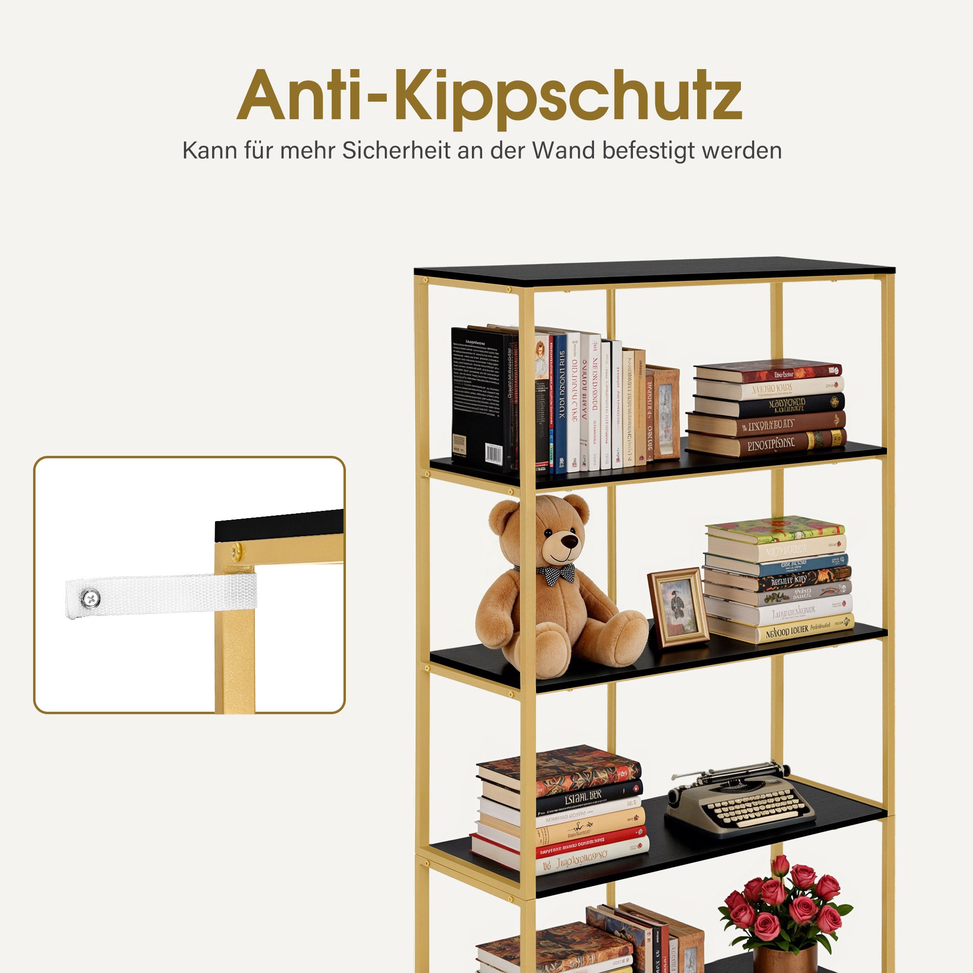 BarberPub Gold Bookshelf, 5-Tier Freestanding Shelf, Office Shelf with Metal Frame, Shelf for Office, Living Room, Bedroom, Kitchen, Nail Salon, Marble White, 30x80x180cm, 5166