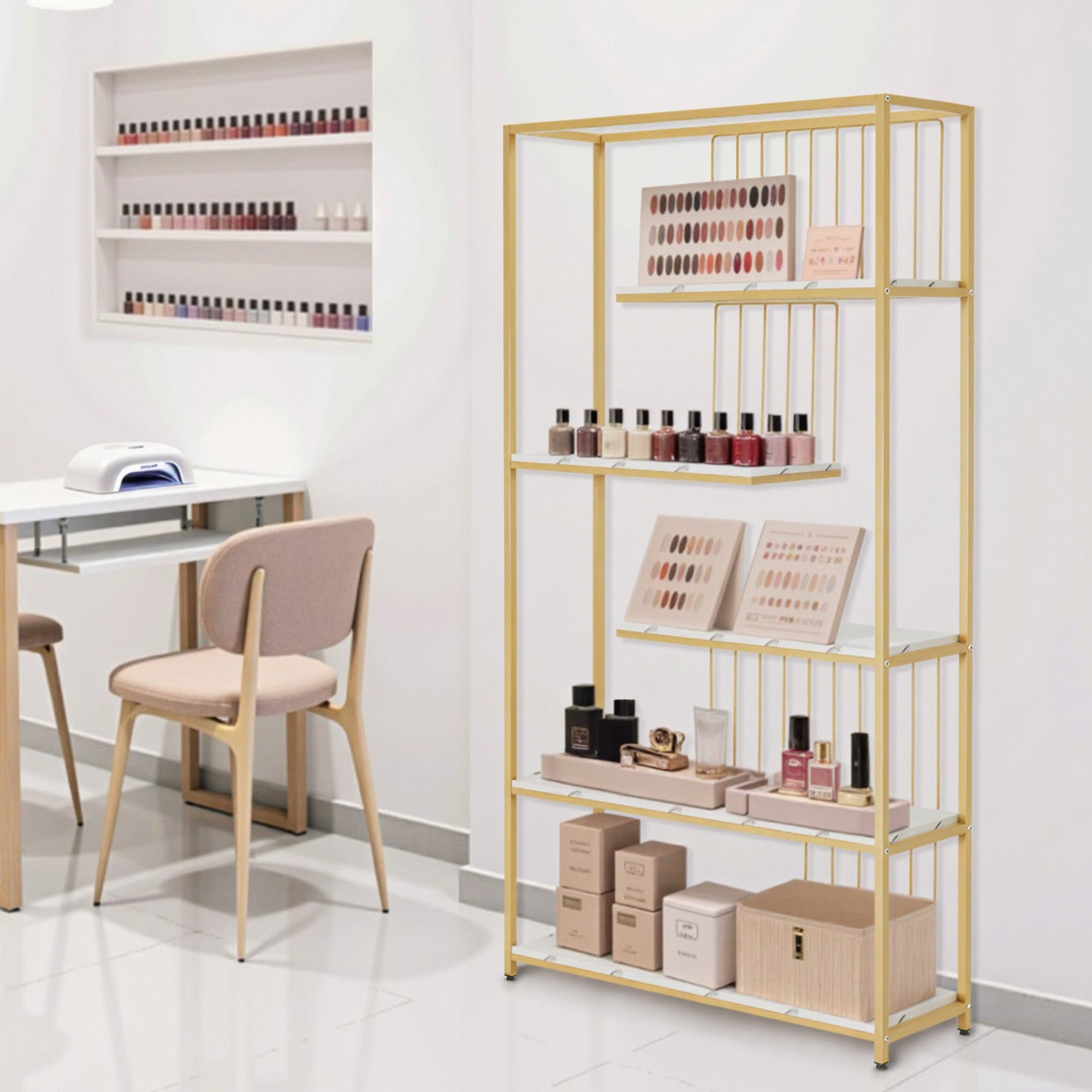 BarberPub Bücherregal, Standregal mit 5 Ebenen, Büroregal mit Metallrahmen, Regal für Büro, Wohnzimmer, Schlafzimmer, Küche, Nagelstudio, Marmor-Weiß Gold, 30x100x180cm, 5177