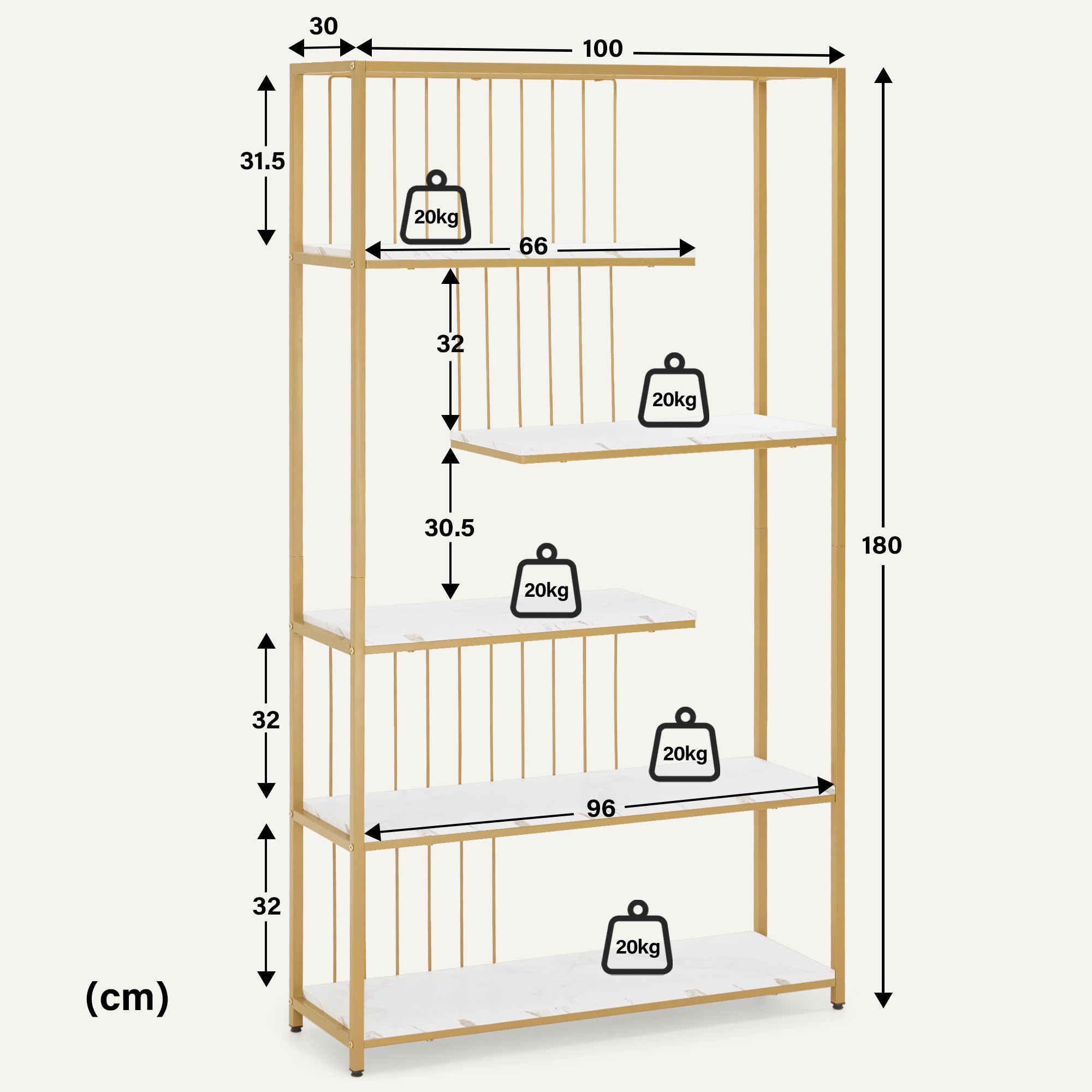 BarberPub Bücherregal, Standregal mit 5 Ebenen, Büroregal mit Metallrahmen, Regal für Büro, Wohnzimmer, Schlafzimmer, Küche, Nagelstudio, Marmor-Weiß Gold, 30x100x180cm, 5177