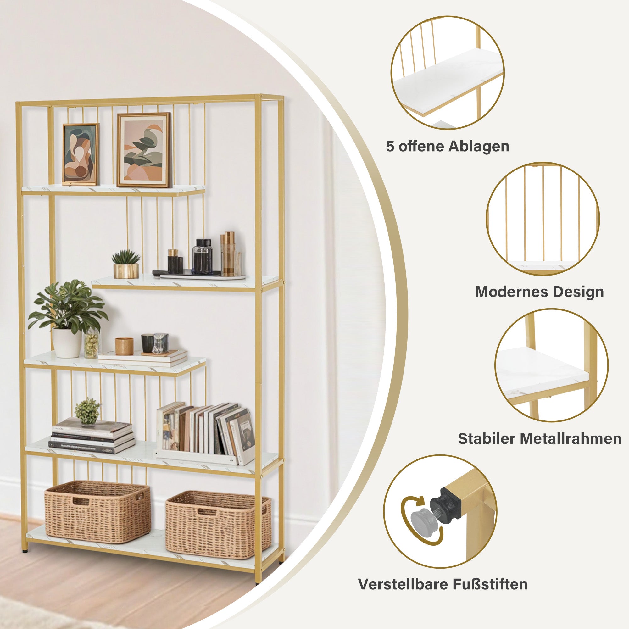 BarberPub Bücherregal, Standregal mit 5 Ebenen, Büroregal mit Metallrahmen, Regal für Büro, Wohnzimmer, Schlafzimmer, Küche, Nagelstudio, Marmor-Weiß Gold, 30x100x180cm, 5177