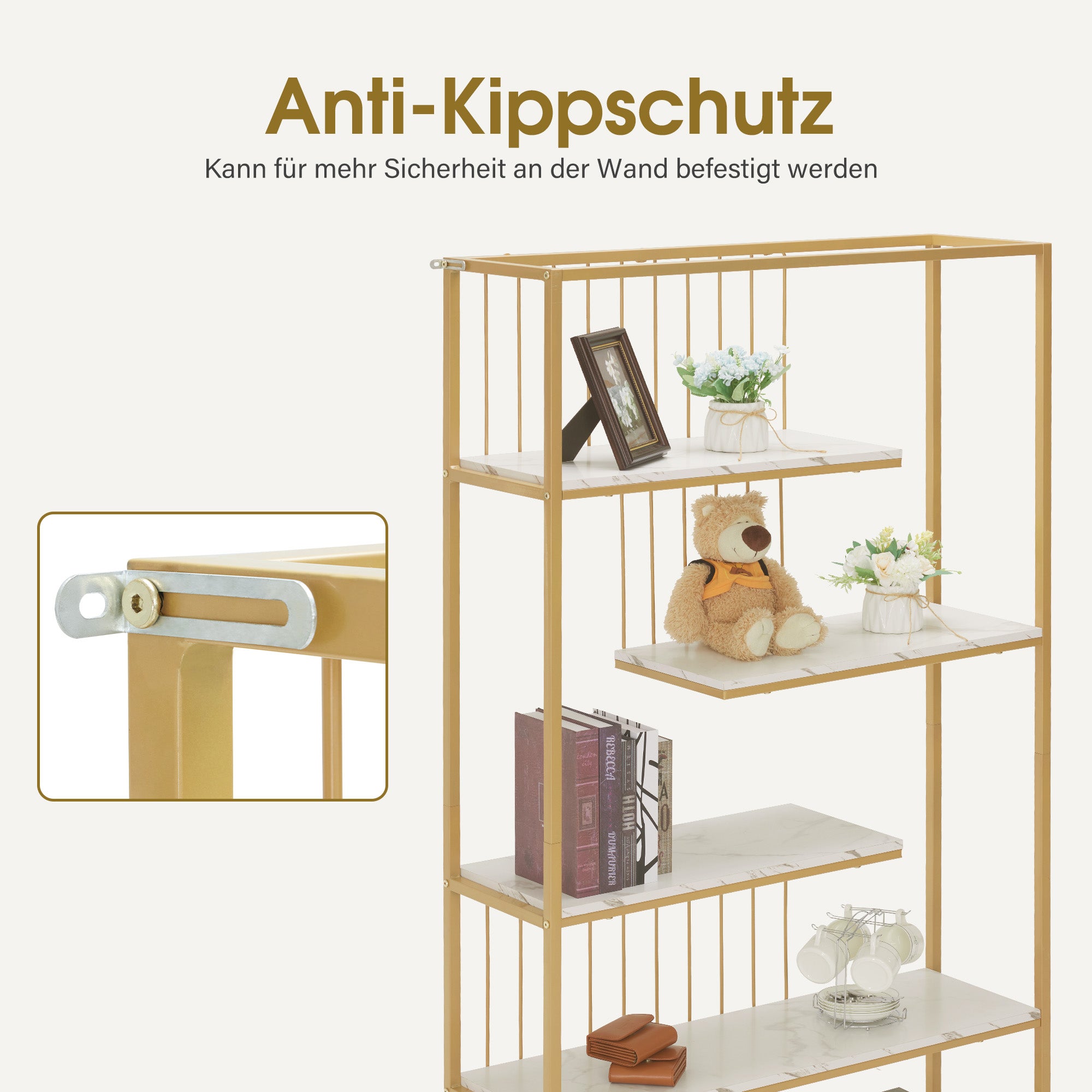 BarberPub Bücherregal, Standregal mit 5 Ebenen, Büroregal mit Metallrahmen, Regal für Büro, Wohnzimmer, Schlafzimmer, Küche, Nagelstudio, Marmor-Weiß Gold, 30x100x180cm, 5177