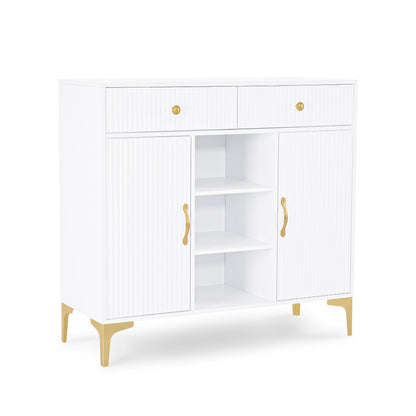 BarberPub Sideboard with 2 Drawers, Bathroom Cabinet with 3 Open Compartments &amp; 2 Adjustable Shelves, Kitchen Cabinet, Chest of Drawers White, Side Cabinet for Nail Salon, Bathroom Cabinet, 40x100x95cm, 6647