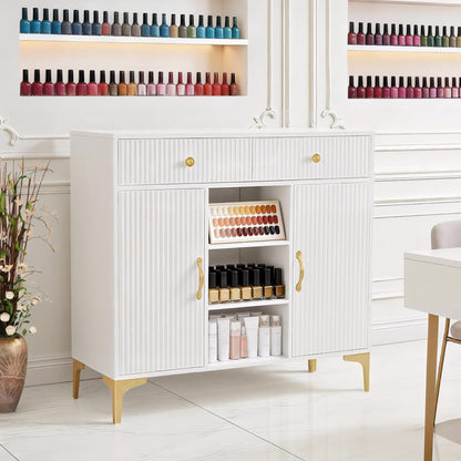 BarberPub Sideboard with 2 Drawers, Bathroom Cabinet with 3 Open Compartments &amp; 2 Adjustable Shelves, Kitchen Cabinet, Chest of Drawers White, Side Cabinet for Nail Salon, Bathroom Cabinet, 40x100x95cm, 6647
