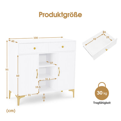 BarberPub Sideboard with 2 Drawers, Bathroom Cabinet with 3 Open Compartments &amp; 2 Adjustable Shelves, Kitchen Cabinet, Chest of Drawers White, Side Cabinet for Nail Salon, Bathroom Cabinet, 40x100x95cm, 6647