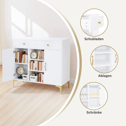 BarberPub Sideboard with 2 Drawers, Bathroom Cabinet with 3 Open Compartments &amp; 2 Adjustable Shelves, Kitchen Cabinet, Chest of Drawers White, Side Cabinet for Nail Salon, Bathroom Cabinet, 40x100x95cm, 6647