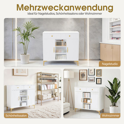BarberPub Sideboard with 2 Drawers, Bathroom Cabinet with 3 Open Compartments &amp; 2 Adjustable Shelves, Kitchen Cabinet, Chest of Drawers White, Side Cabinet for Nail Salon, Bathroom Cabinet, 40x100x95cm, 6647